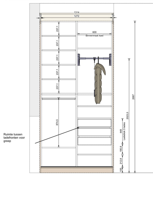Kledingkast module met schuifdeuren, 3 lades en kledinglift