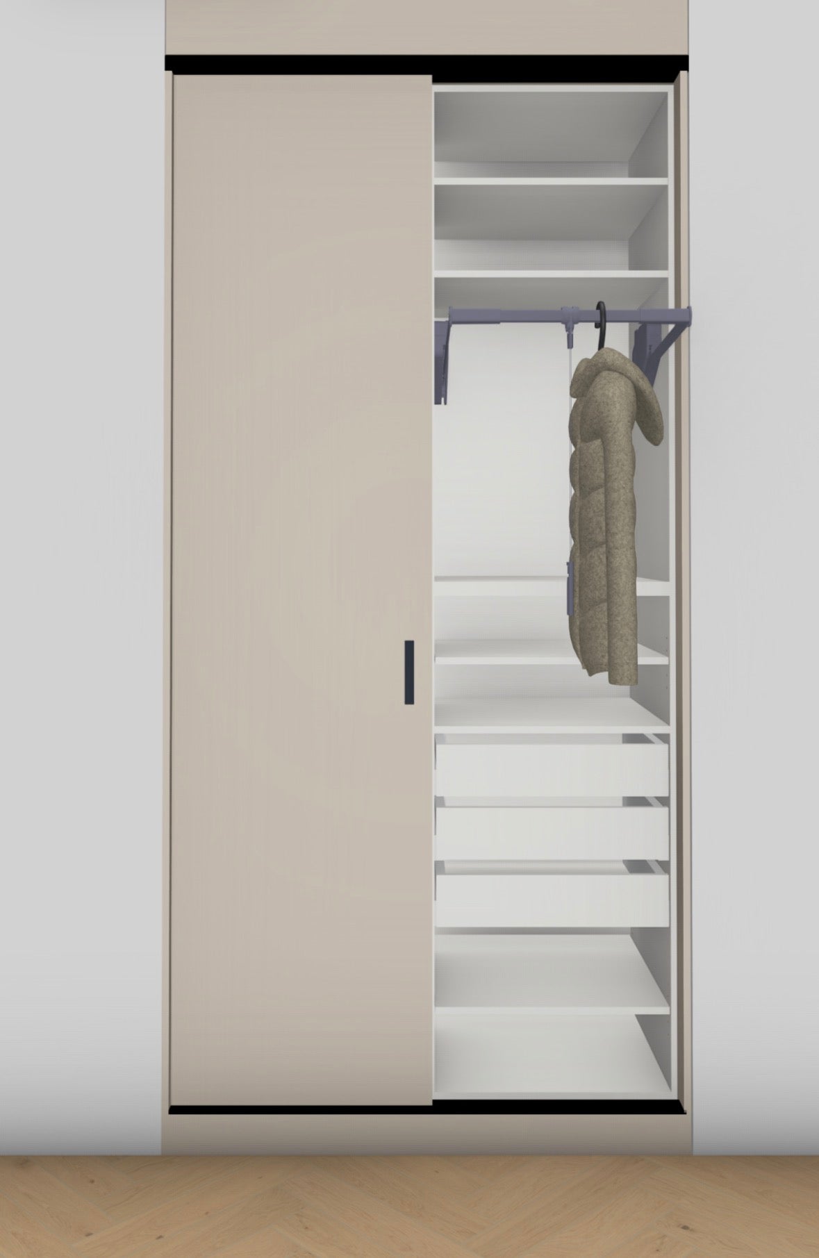Kledingkast module met schuifdeuren, 3 lades en kledinglift