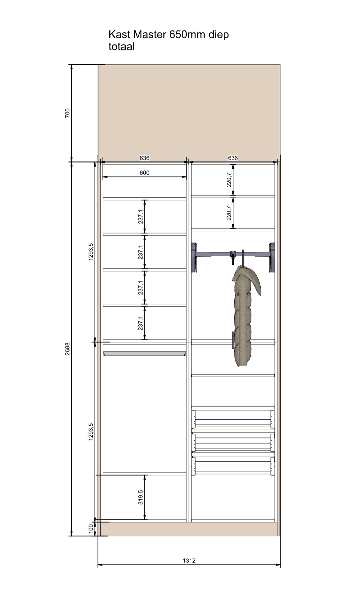 Kledingkast module met scharnierdeuren, 3 lades en kledinglift