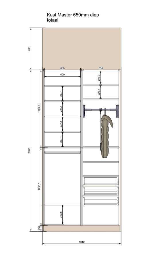 Kledingkast module met scharnierdeuren, 3 lades en kledinglift
